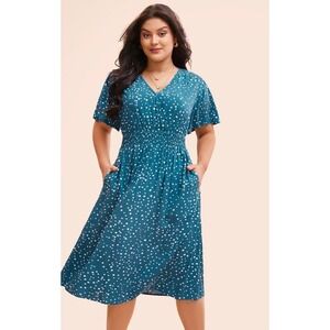 BLOOMCHIC Teal Polka Dot Smocked Waist Flutter Sleeve Midi Dress Womens US 14-16